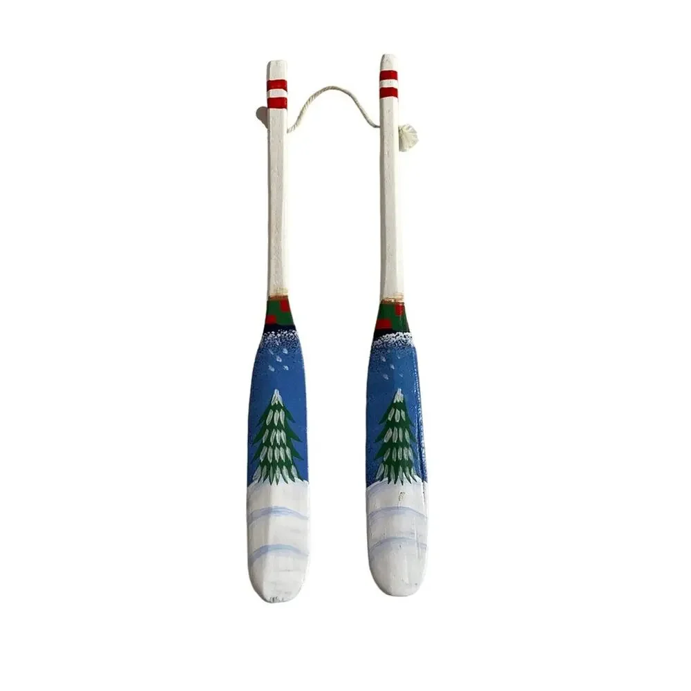 Vintage Wooden Canoe Oar Paddle Christmas Ornament Hand Painted Tree Pair Cabin